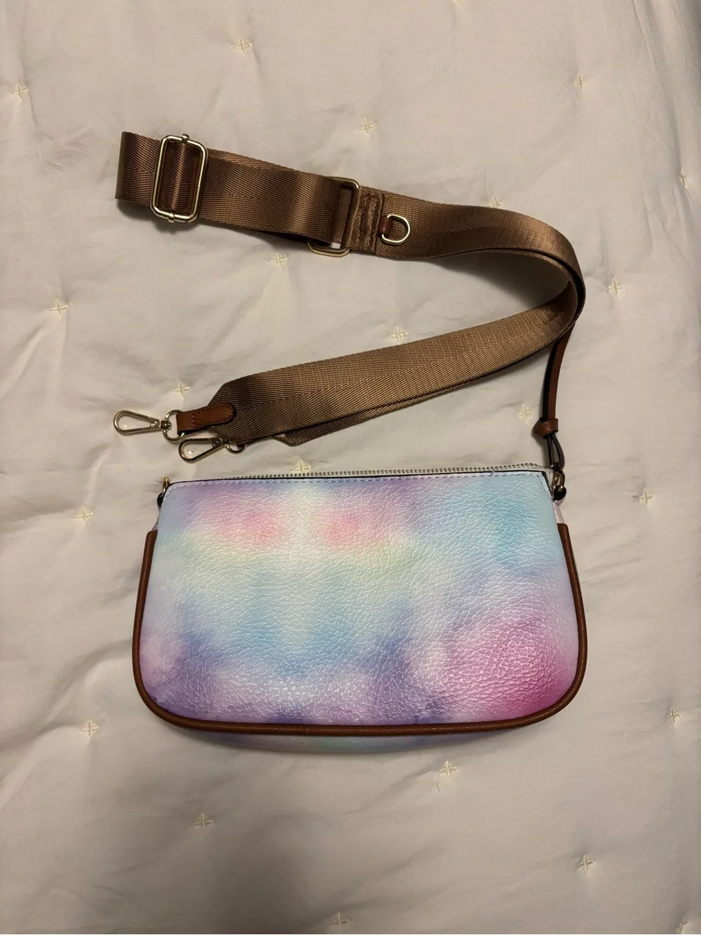 Pastel Tie-Dye Leather Crossbody Bag with Brown Strap
